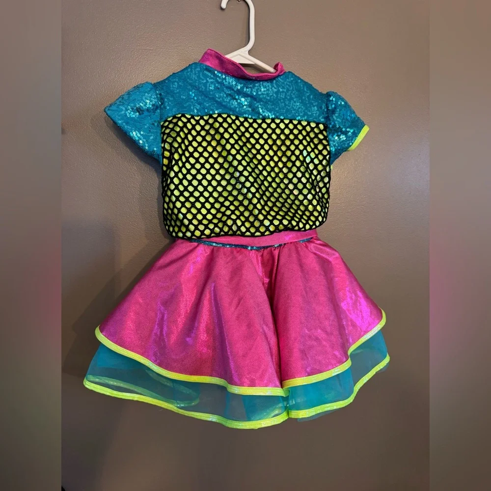 Girls' Bright Pink & Teal Dance Costume with Lime Accents